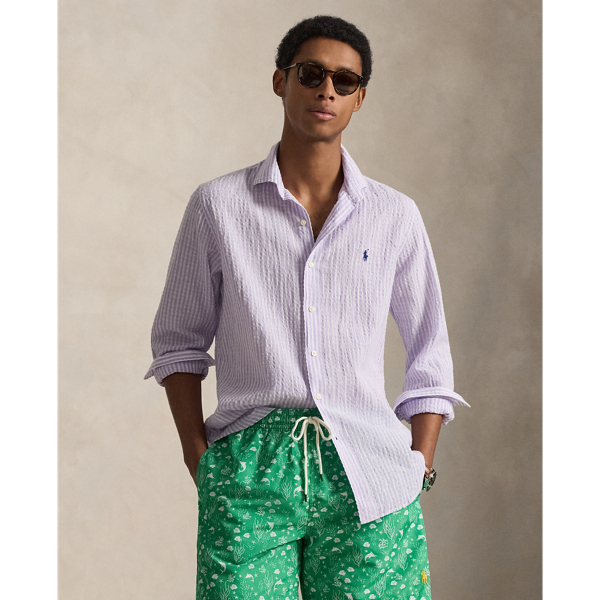 Lavender White Classic Fit Striped Seersucker Shirt Polo Ralph Lauren 1