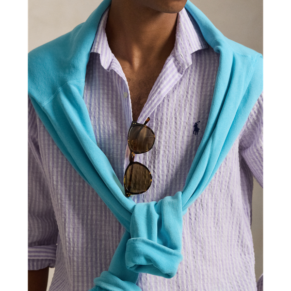 Lavender White Classic Fit Striped Seersucker Shirt Polo Ralph Lauren 6