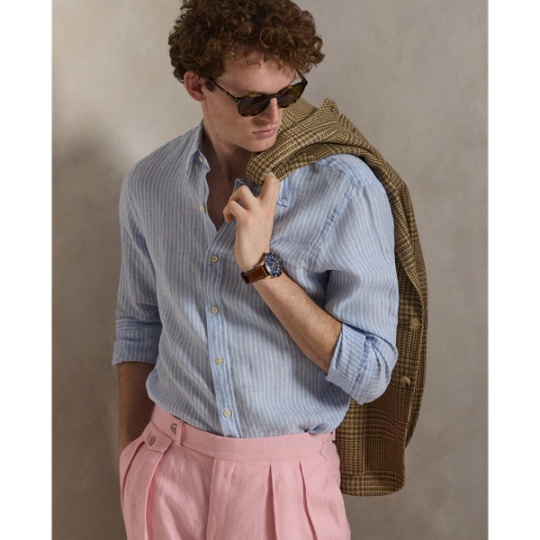 Blue White Slim Fit Striped Linen Shirt Polo Ralph Lauren 7