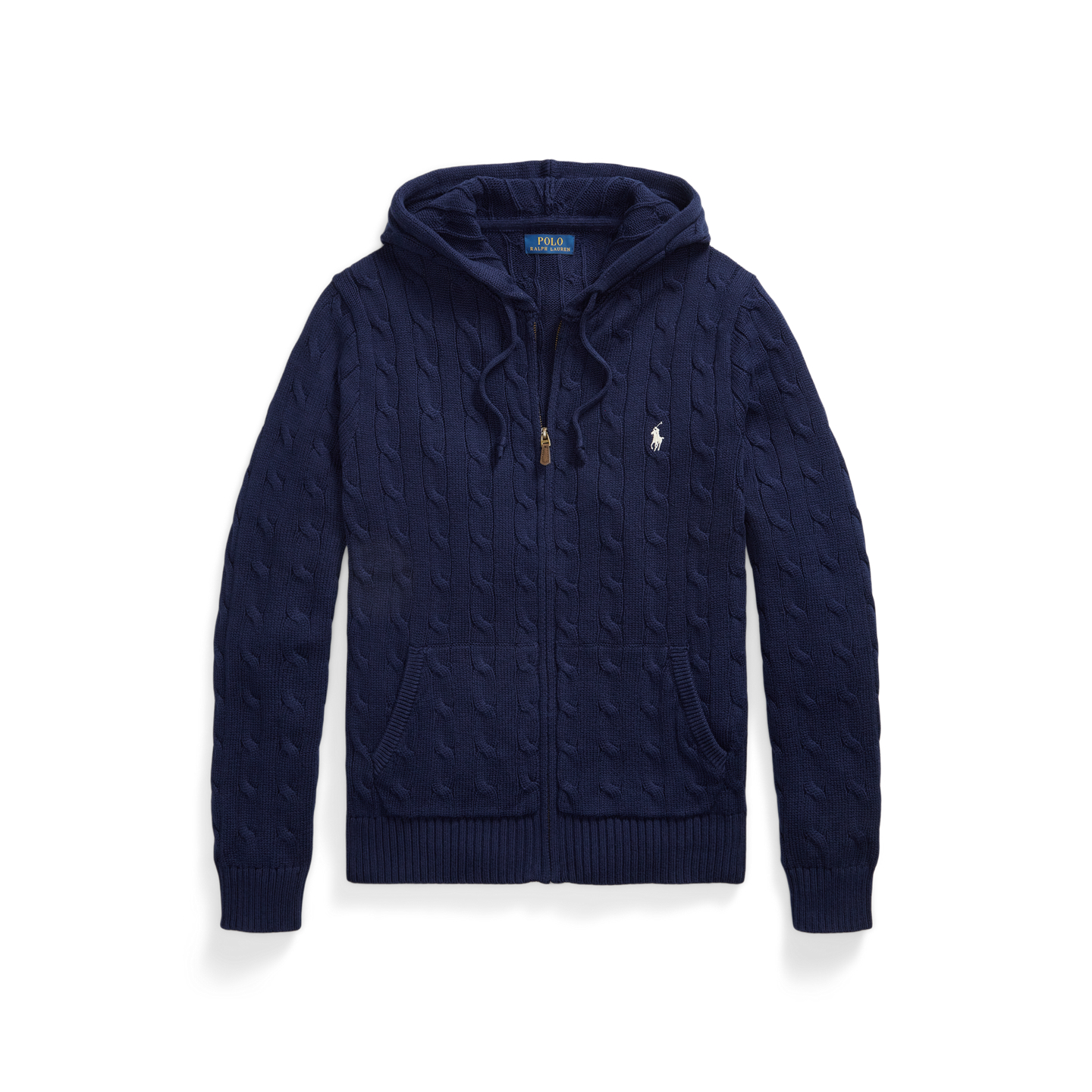 Мужской хлопковый свитер Ralph Lauren вязки косами с капюшоном, цвет: Яркий тёмно-синий — фото 4