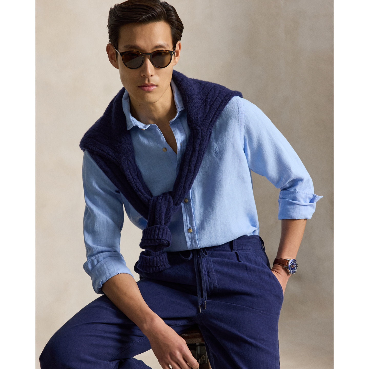 Мужская рубашка Ralph Lauren Classic Fit Linen, цвет: Синий — фото 4