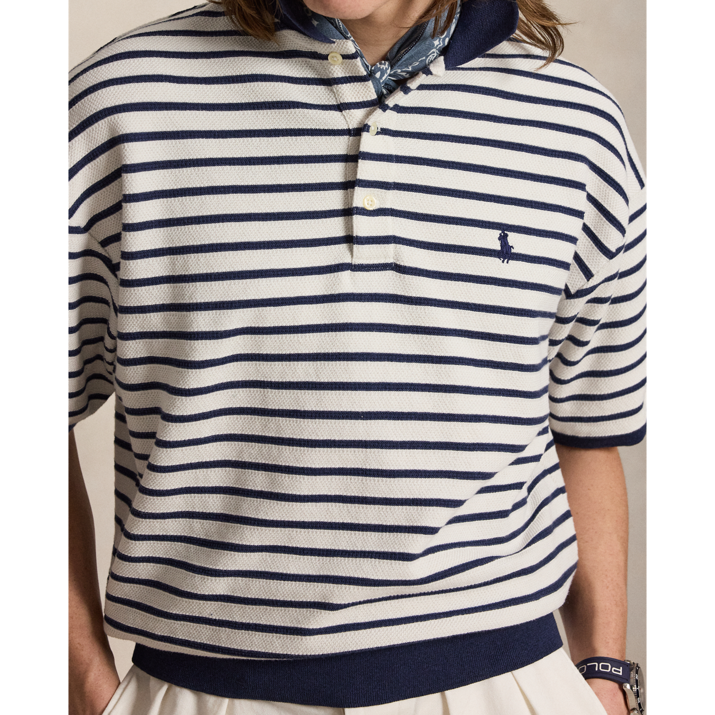 Мужское поло Ralph Lauren Relaxed Fit Striped Textured Polo, цвет: Тёмно-синий — фото 3