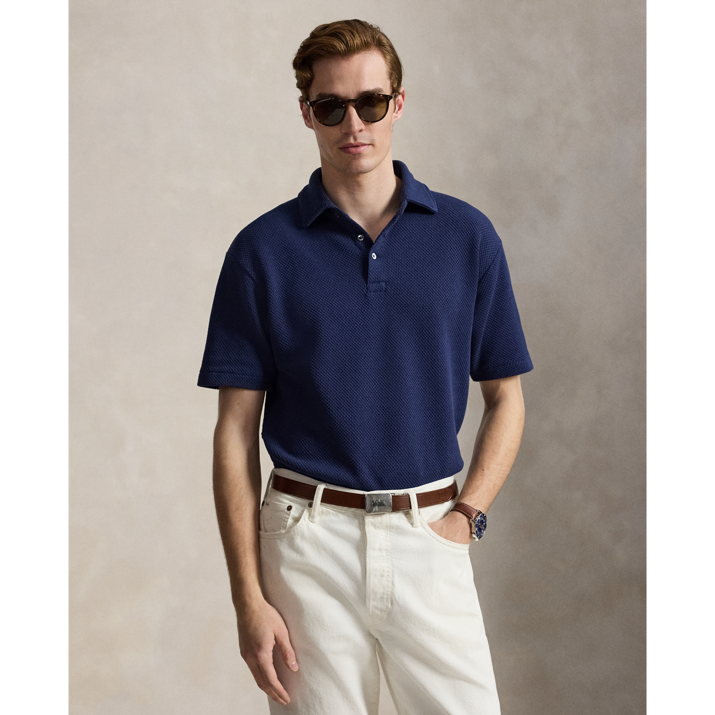 Мужская рубашка-поло Ralph Lauren Standard Fit из фактурного пике, цвет: Тёмно-синий — фото 4