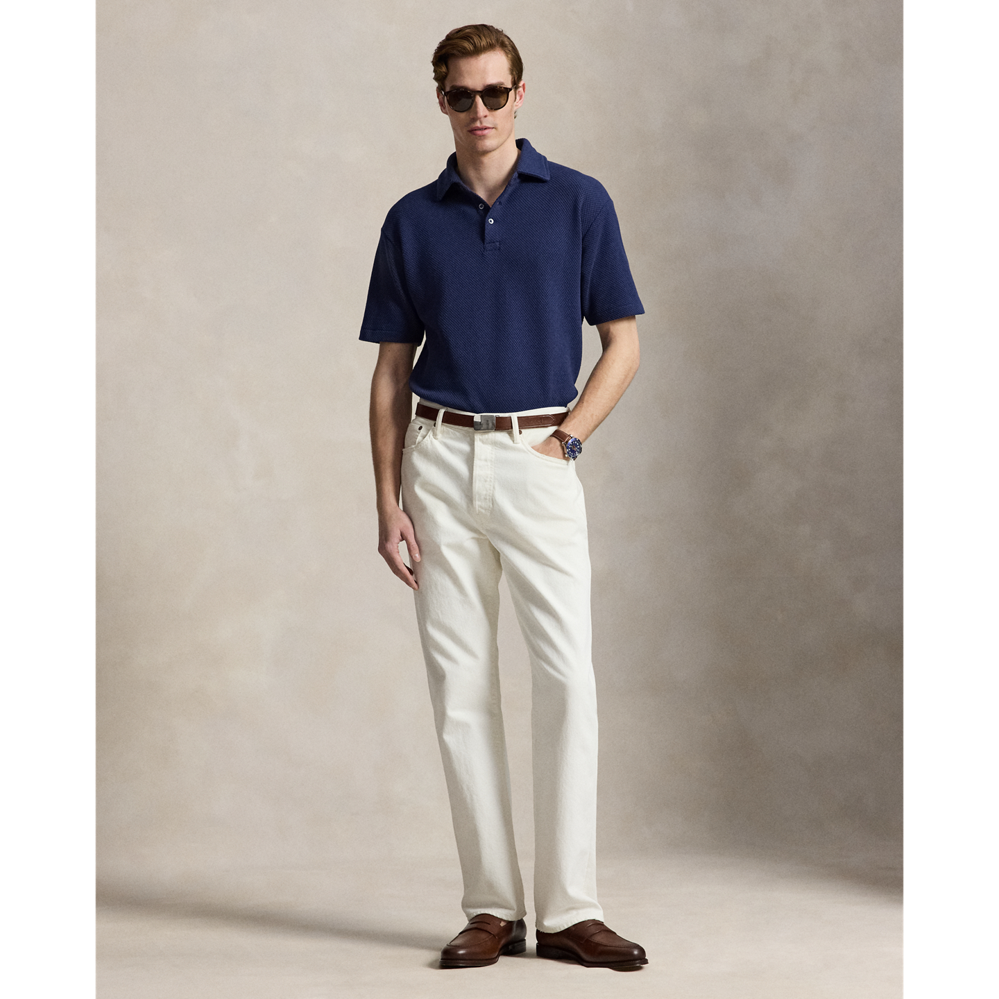 Мужская рубашка-поло Ralph Lauren Standard Fit из фактурного пике, цвет: Тёмно-синий — фото 1