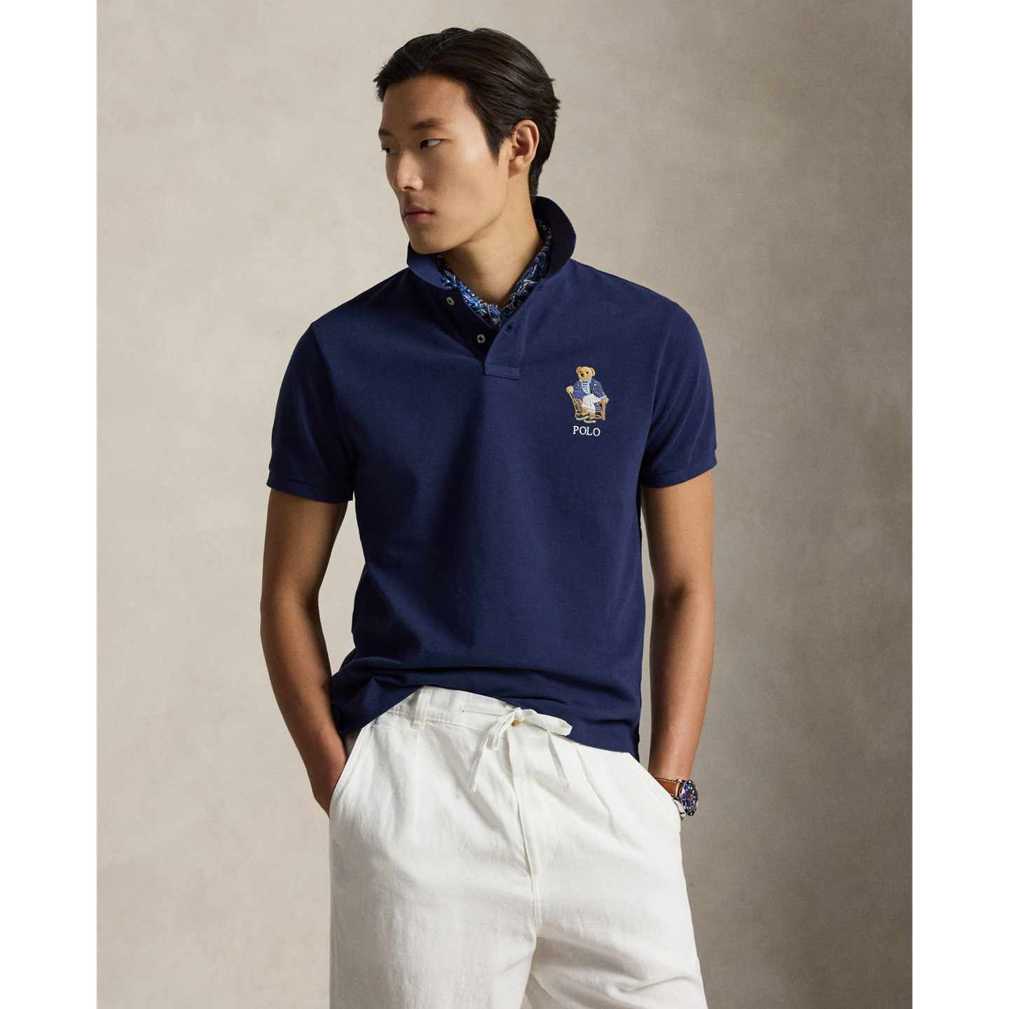 Мужское поло Ralph Lauren Custom Slim Fit Polo Bear Polo, цвет: Тёмно-синий — фото 4