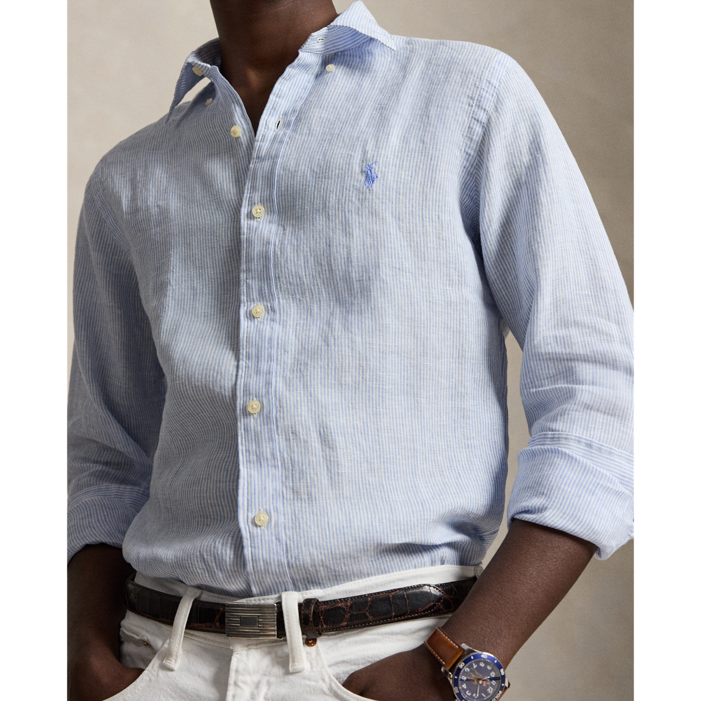 Рубашка Ralph Lauren Classic Fit Striped Linen, цвет: Синий / Белый — фото 3
