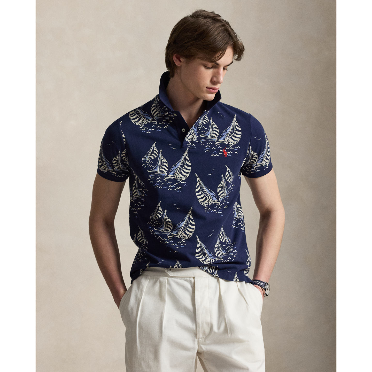 Мужское поло Ralph Lauren Custom Slim Fit Sailboat Mesh Polo, цвет: Тёмно-синий — фото 4