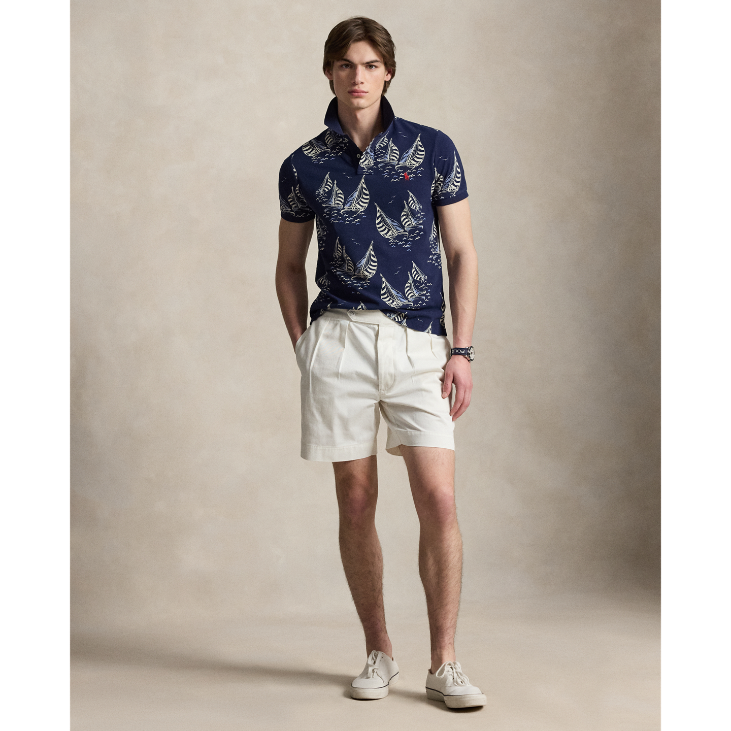 Мужское поло Ralph Lauren Custom Slim Fit Sailboat Mesh Polo, цвет: Тёмно-синий — фото 1