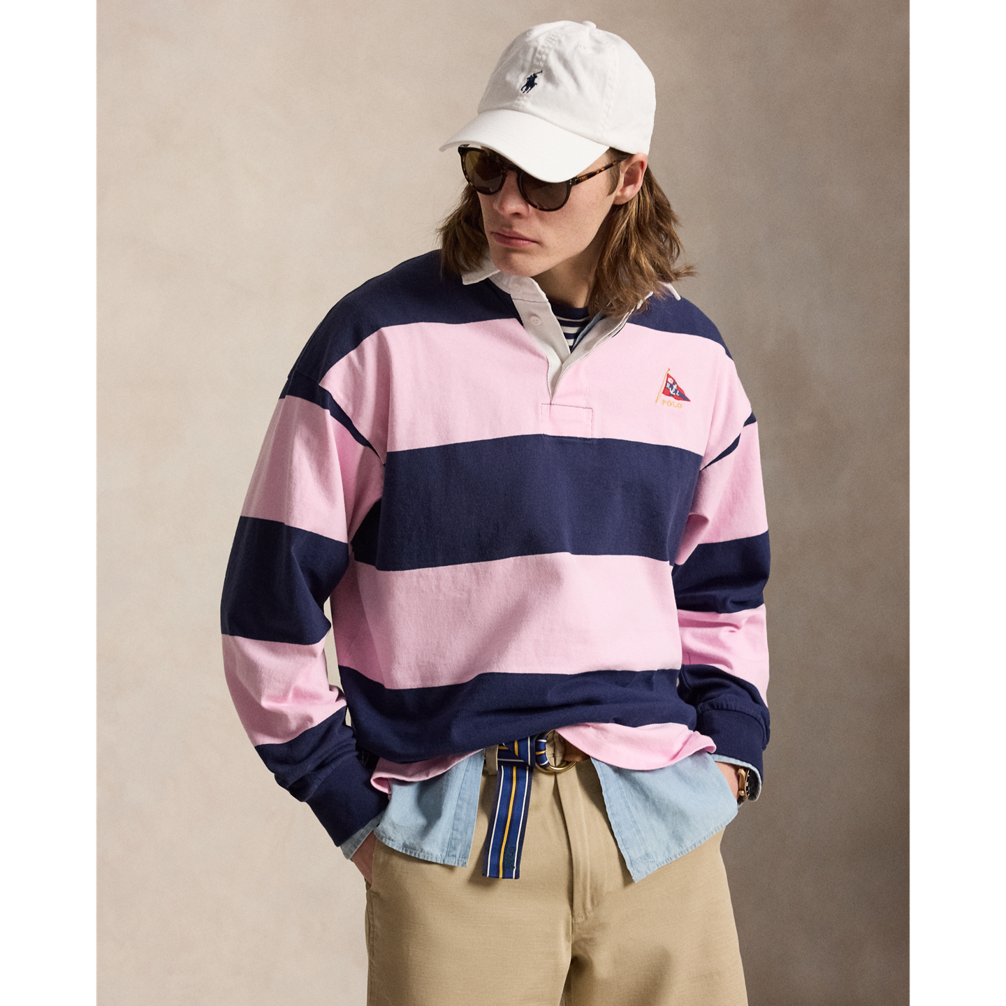 Мужская рубашка Ralph Lauren Big Fit Striped Jersey Rugby, цвет: Розовый / Тёмно-синий — фото 1