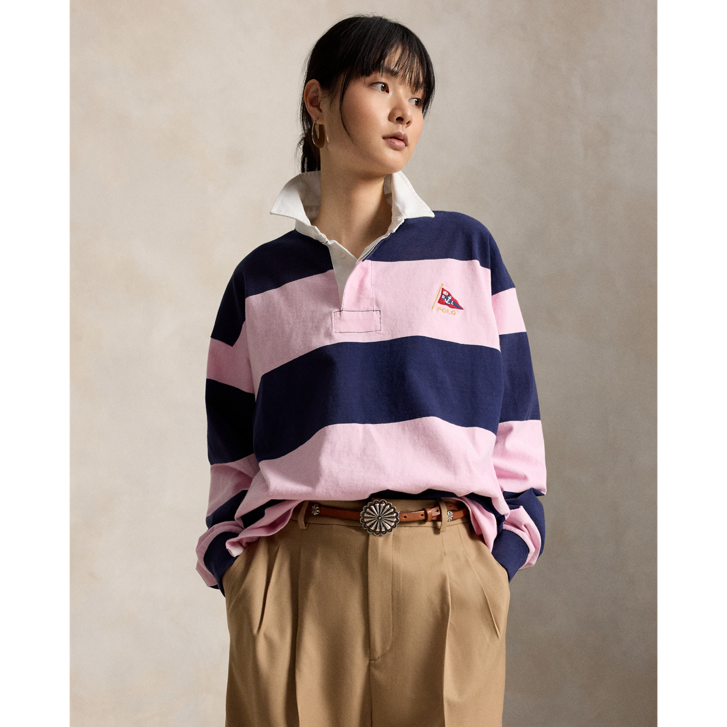 Мужская рубашка Ralph Lauren Big Fit Striped Jersey Rugby, цвет: Розовый / Тёмно-синий — фото 3