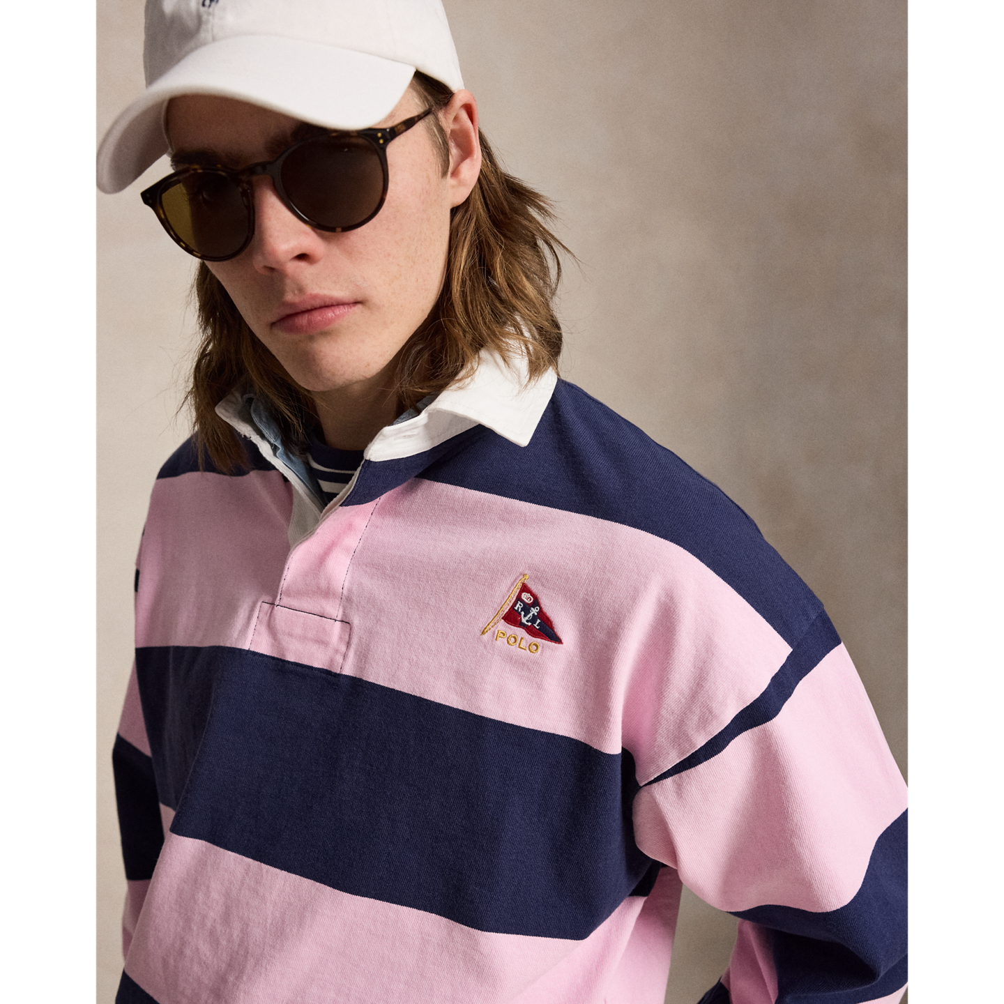 Мужская рубашка Ralph Lauren Big Fit Striped Jersey Rugby, цвет: Розовый / Тёмно-синий — фото 5