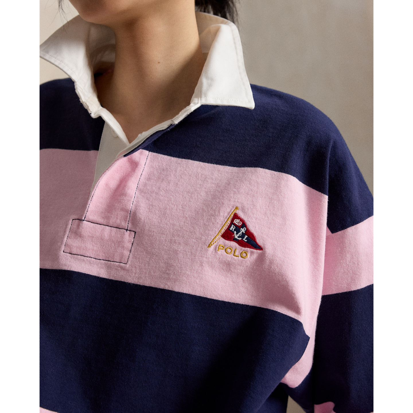 Мужская рубашка Ralph Lauren Big Fit Striped Jersey Rugby, цвет: Розовый / Тёмно-синий — фото 6