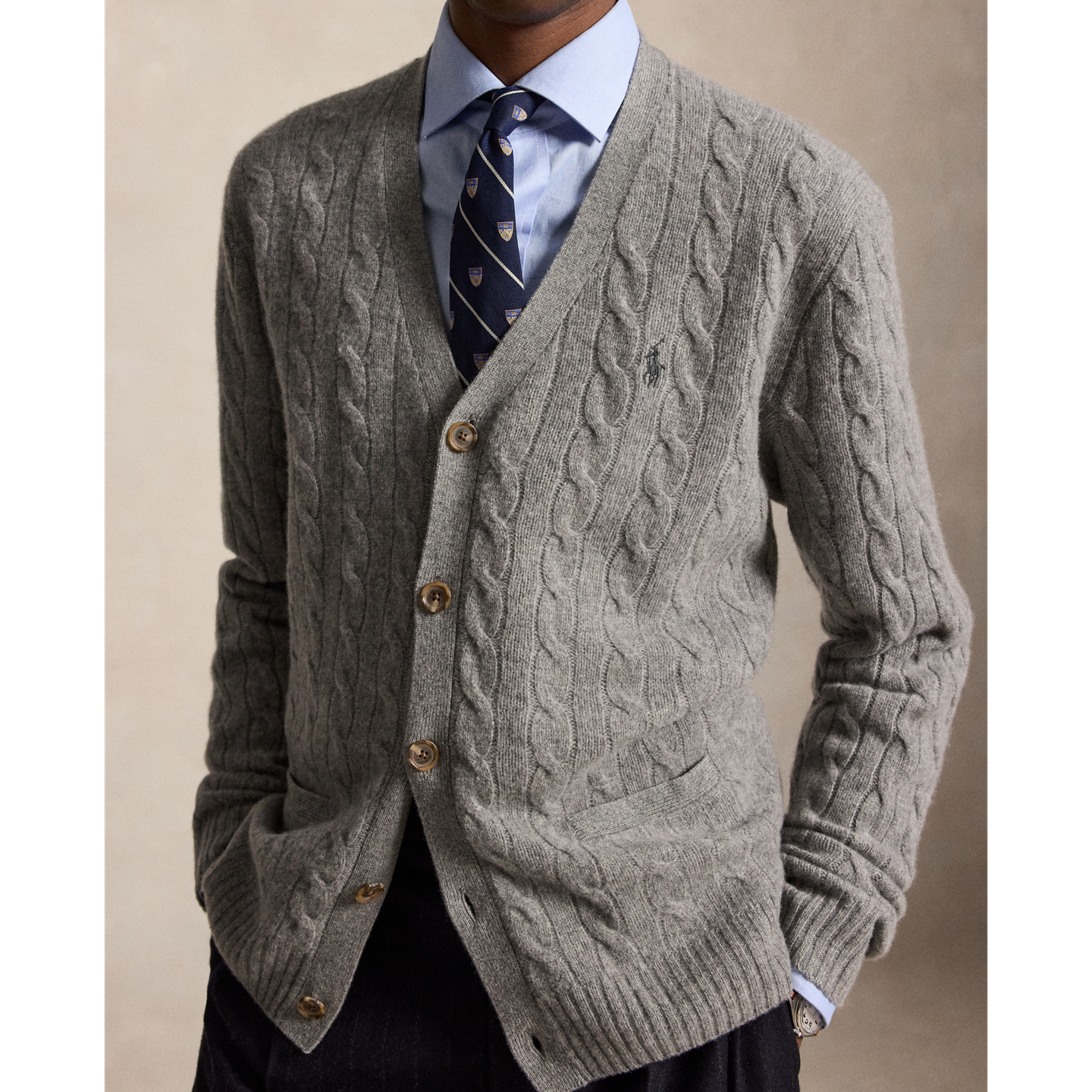 Мужской кардиган Ralph Lauren Cable-Knit Wool-Cashmere, цвет: Палевый серый меланжевый — фото 3