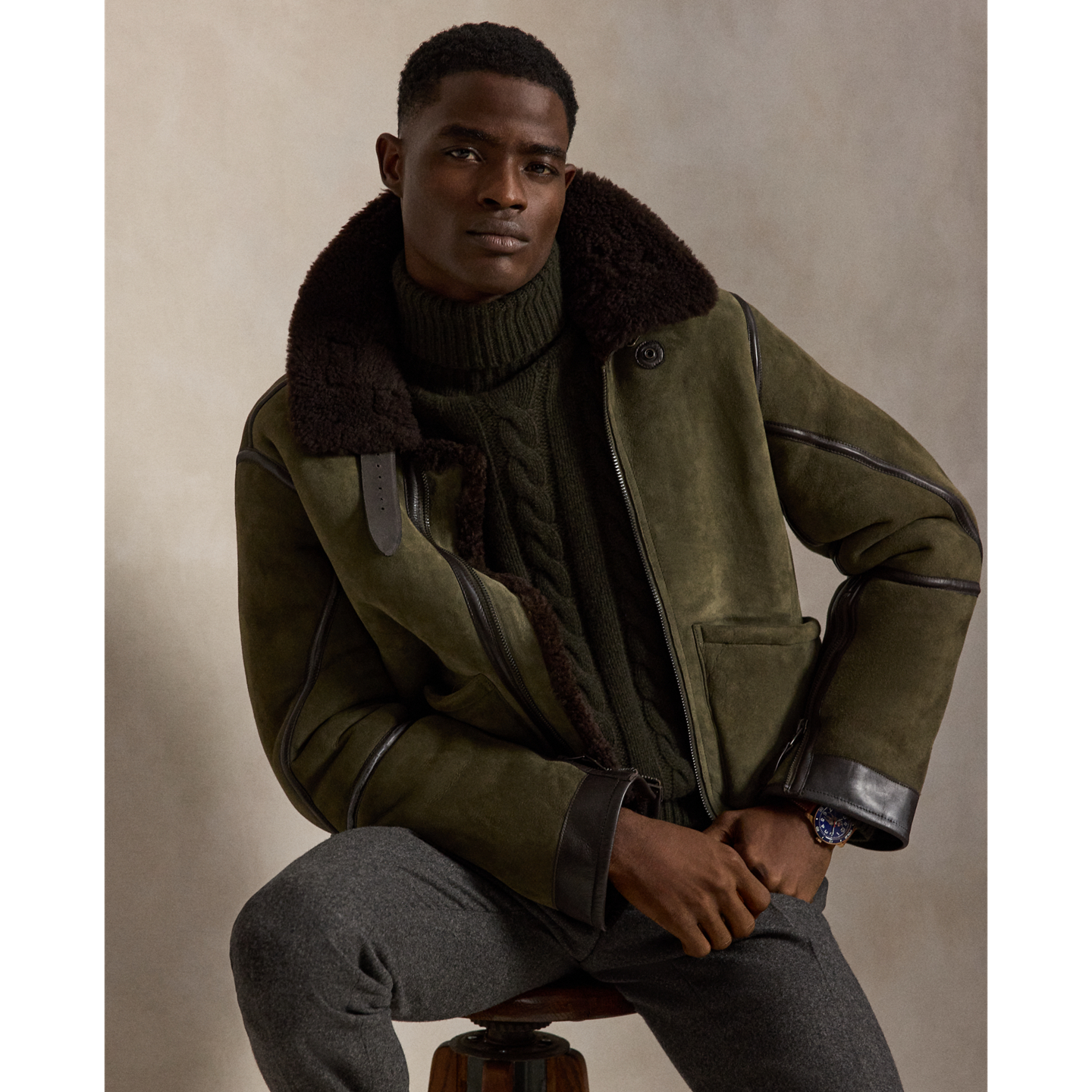 Мужская куртка Ralph Lauren Shearling Flight, цвет: Зелёный / Коричневый — фото 5