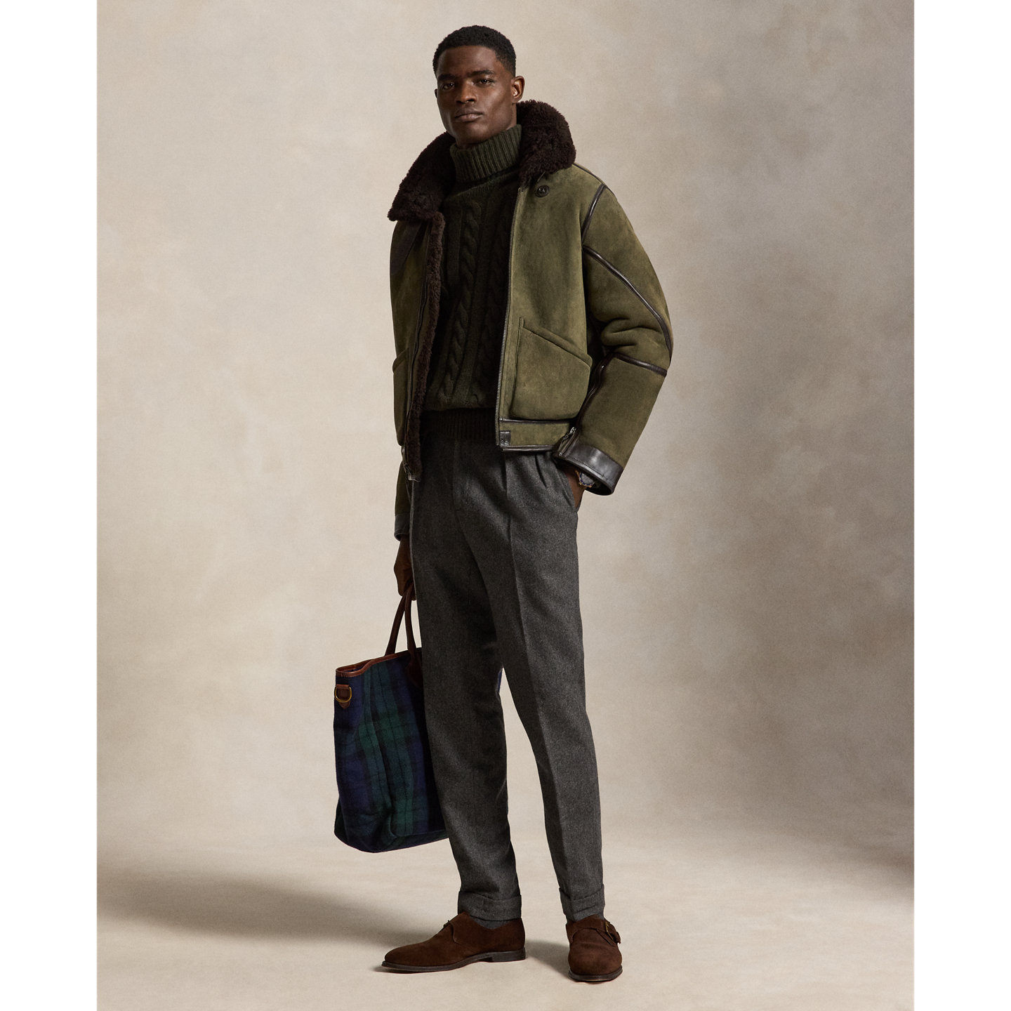 Мужская куртка Ralph Lauren Shearling Flight, цвет: Зелёный / Коричневый — фото 1