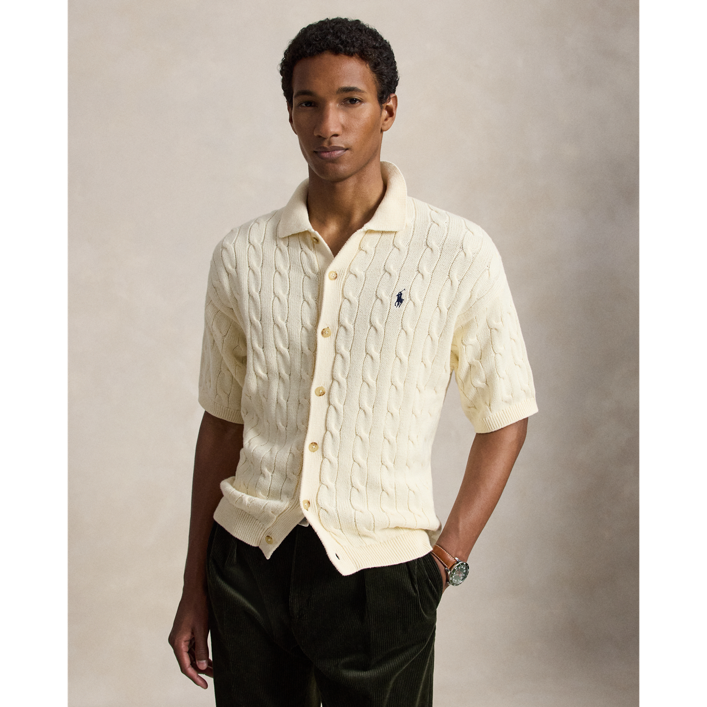 Мужской хлопковый свитер Ralph Lauren свободного кроя вязки косами, цвет: Кремовый — фото 5