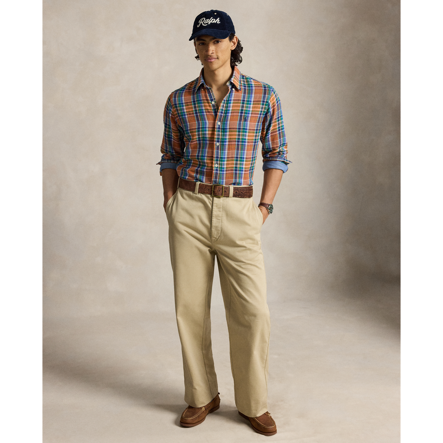Мужская рубашка Ralph Lauren Classic Fit Plaid Double-Faced, цвет: Оранжевый зелёный разноцветный — фото 1