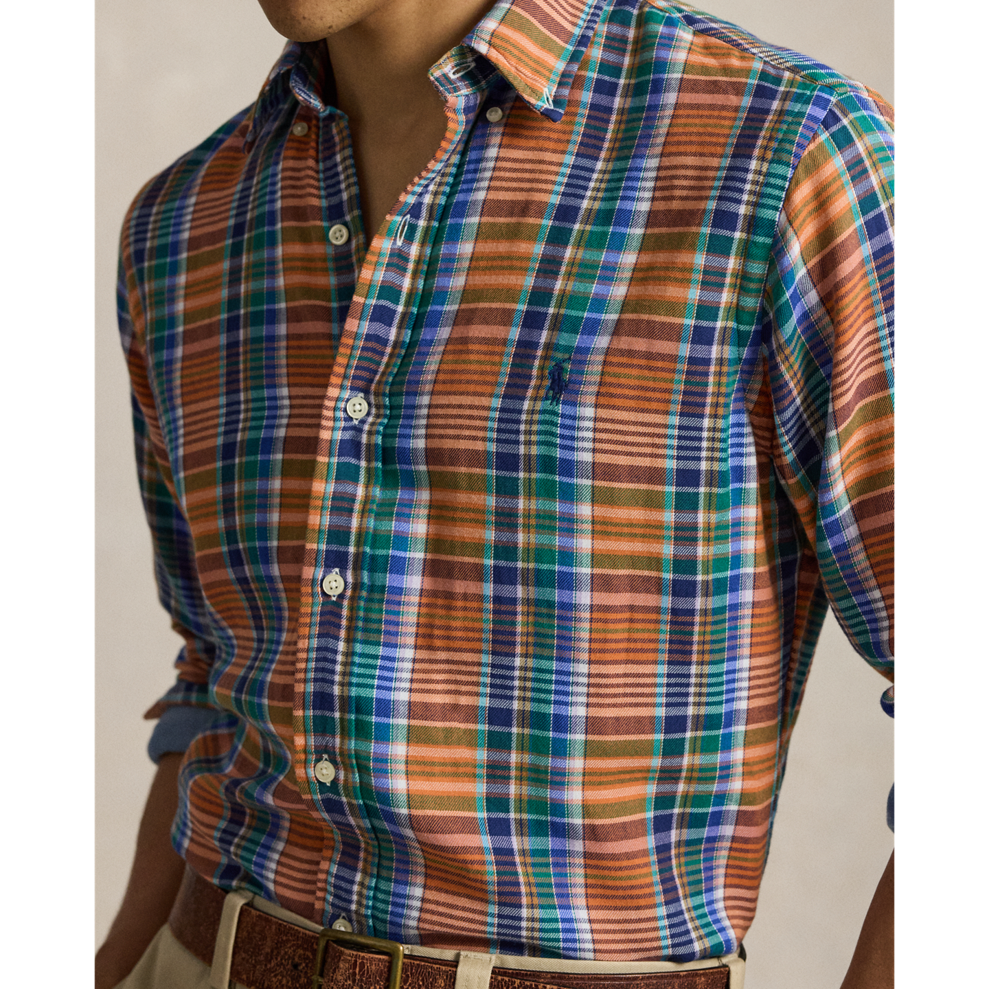 Мужская рубашка Ralph Lauren Classic Fit Plaid Double-Faced, цвет: Оранжевый зелёный разноцветный — фото 3