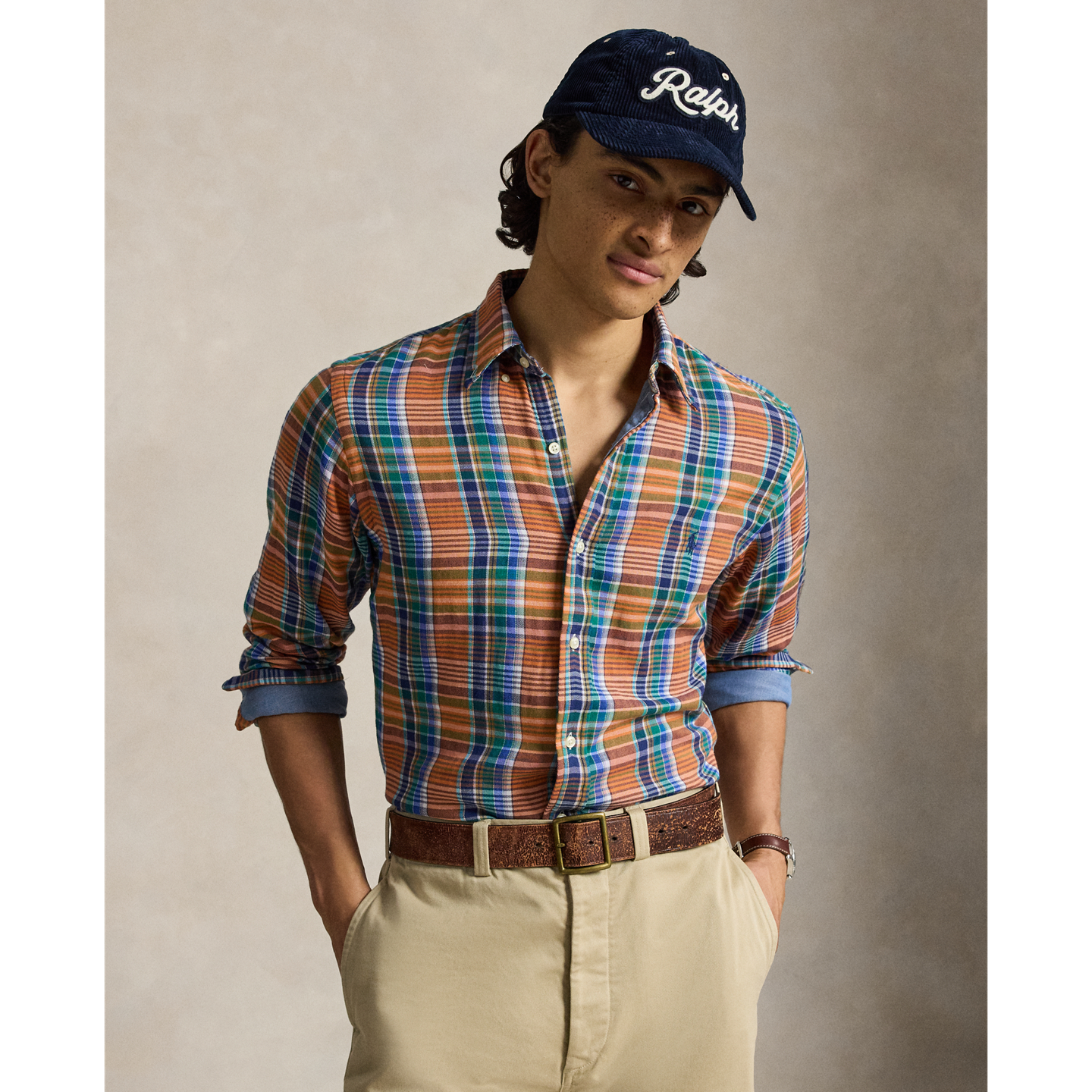 Мужская рубашка Ralph Lauren Classic Fit Plaid Double-Faced, цвет: Оранжевый зелёный разноцветный — фото 4