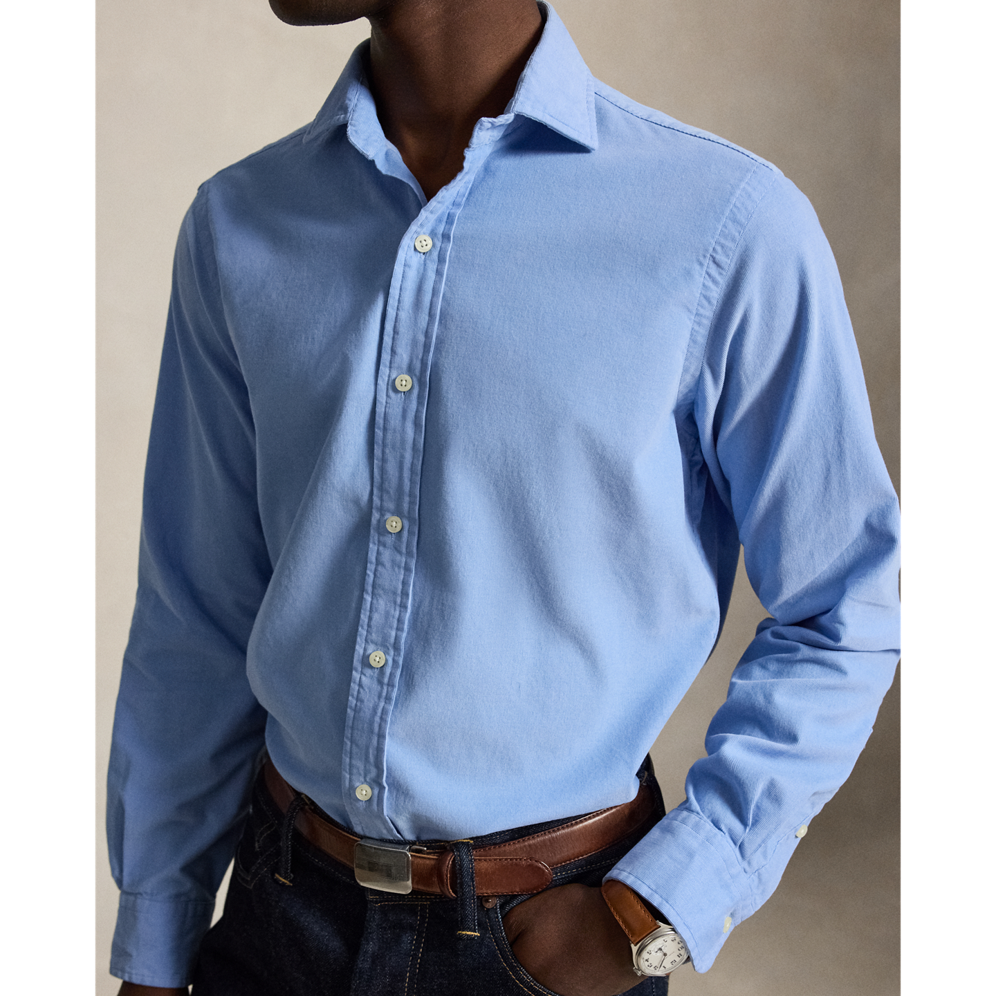 Мужская рубашка Ralph Lauren Classic Fit Corduroy, цвет: Шамбре синий — фото 3