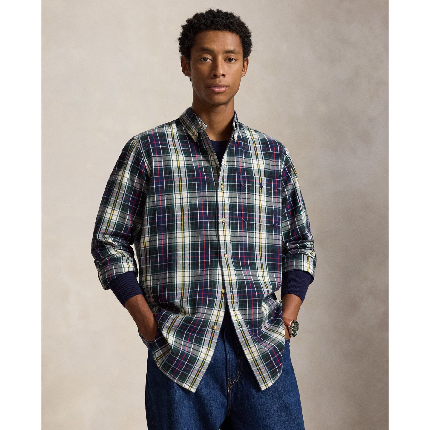 Мужская рубашка Ralph Lauren Classic Fit Plaid Brushed Oxford, цвет: Тёмно-синий зелёный разноцветный — фото 4