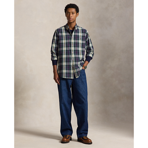 Мужская рубашка Ralph Lauren Classic Fit Plaid Brushed Oxford, цвет: Тёмно-синий зелёный разноцветный