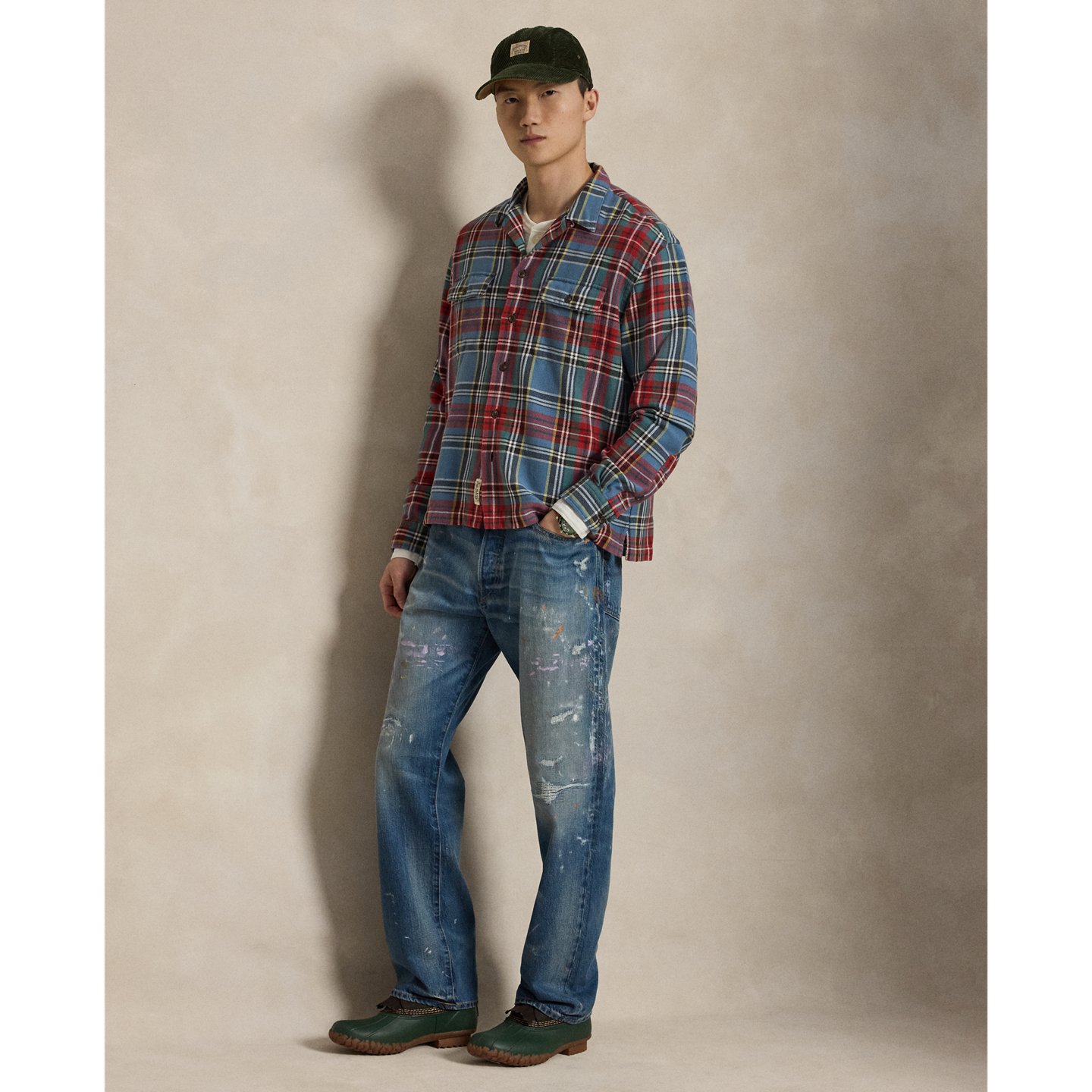 Мужская рубашка Ralph Lauren Classic Fit Plaid Flannel Camp, цвет: Синий красный разноцветный — фото 1