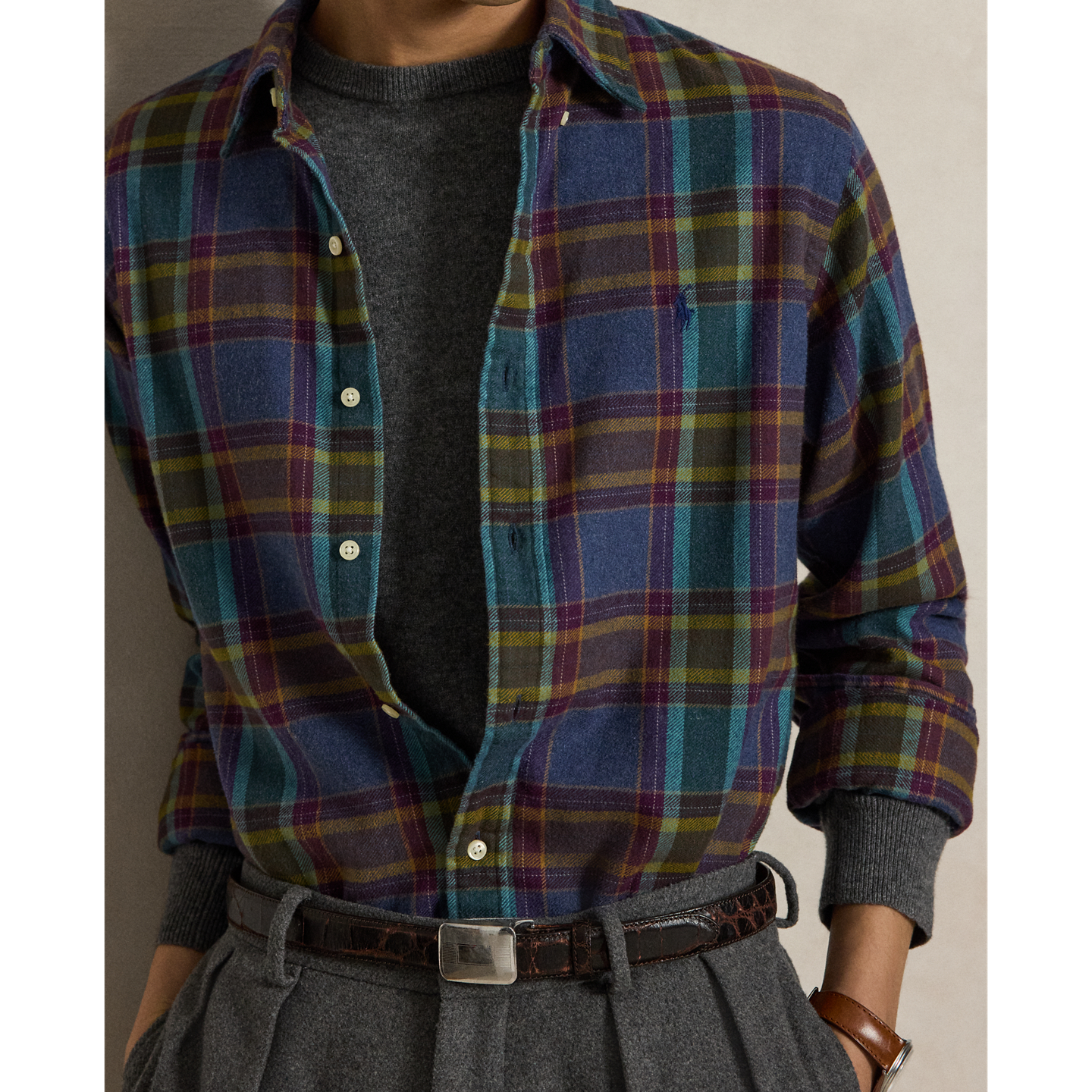 Мужская рубашка Ralph Lauren Classic Fit Plaid Brushed Flannel, цвет: Синий фиолетовый меланжевый — фото 3