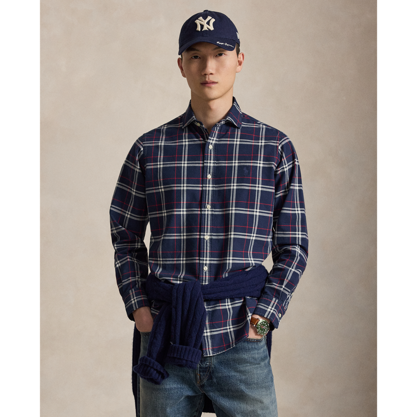 Мужская рубашка Ralph Lauren Classic Fit Plaid Oxford, цвет: Тёмно-синий красный белый — фото 4