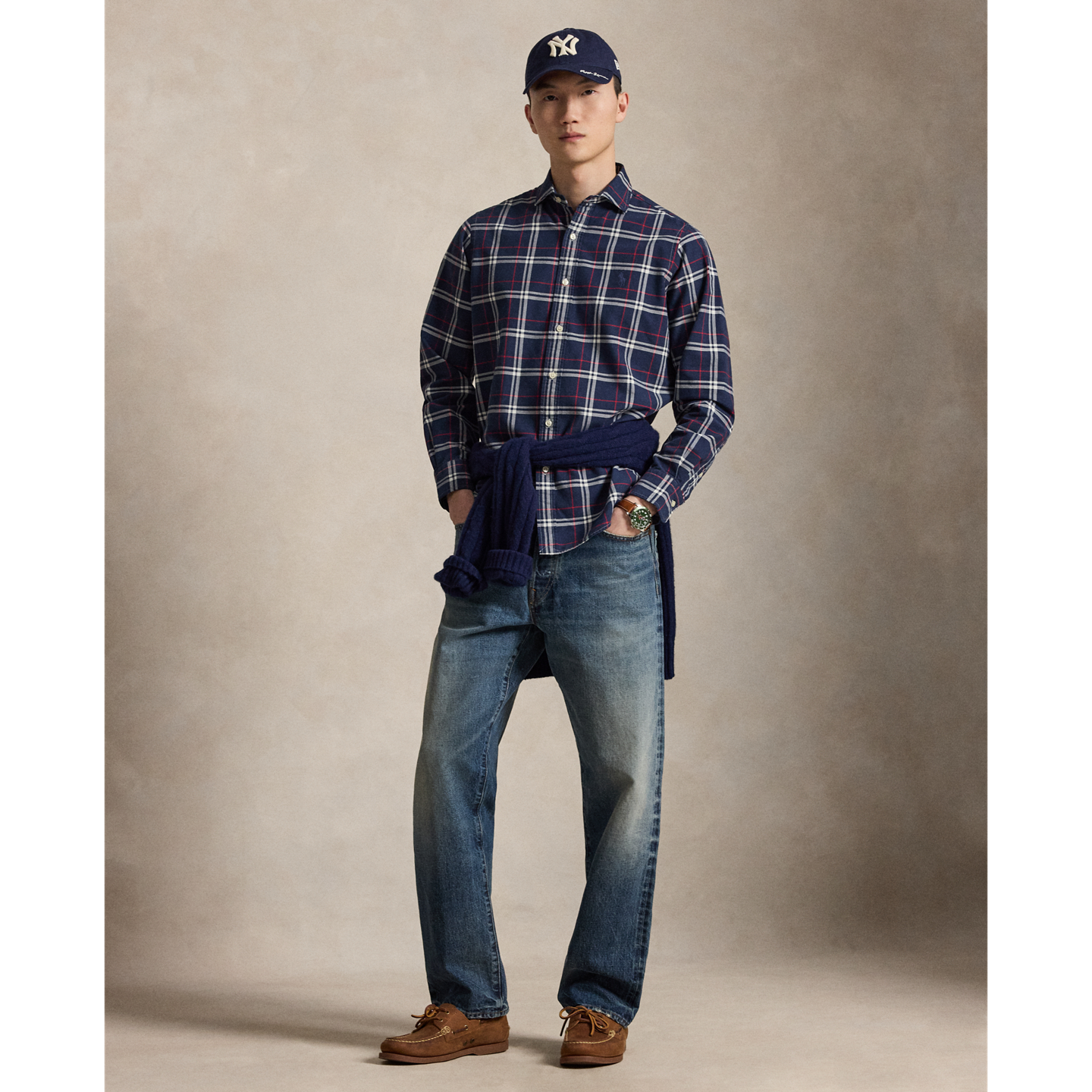 Мужская рубашка Ralph Lauren Classic Fit Plaid Oxford, цвет: Тёмно-синий красный белый — фото 1