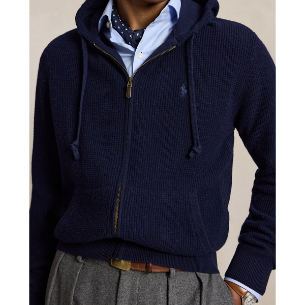Hunter Navy Waffle-Knit Wool-Cotton Hooded Sweater Polo Ralph Lauren 6