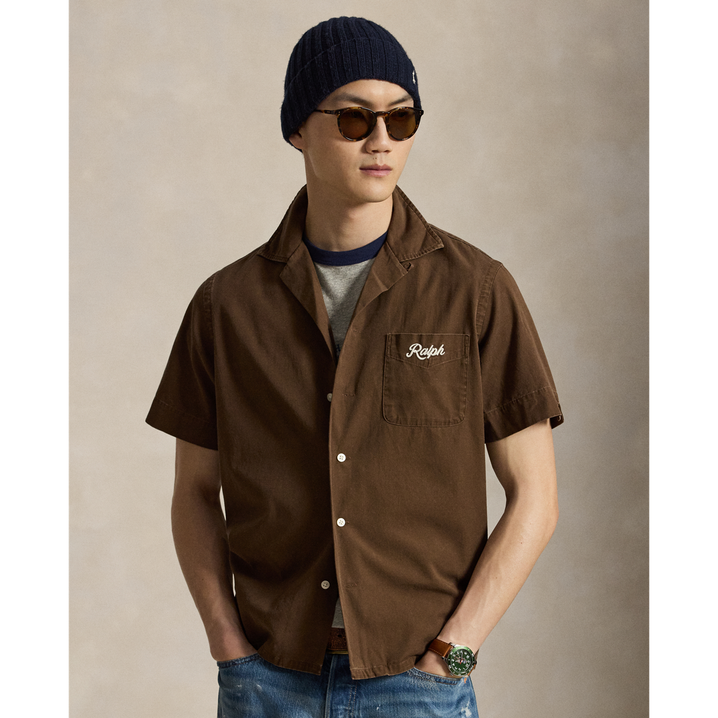 Мужская рубашка Ralph Lauren The Ralph Logo Camp, цвет: Коричневый — фото 4