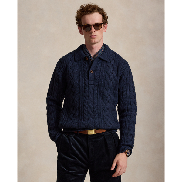 Camisola em malha Aran com gola Polo