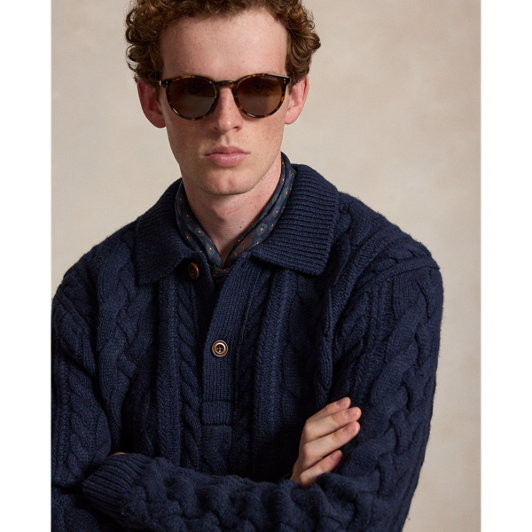 Camisola em malha Aran com gola Polo