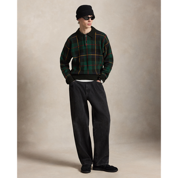Relaxed Fit Plaid Wool Polo Sweater