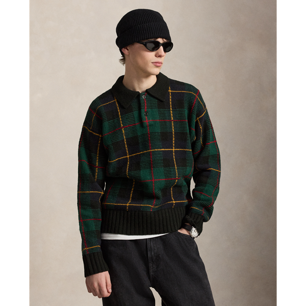 Relaxed Fit Plaid Wool Polo Sweater