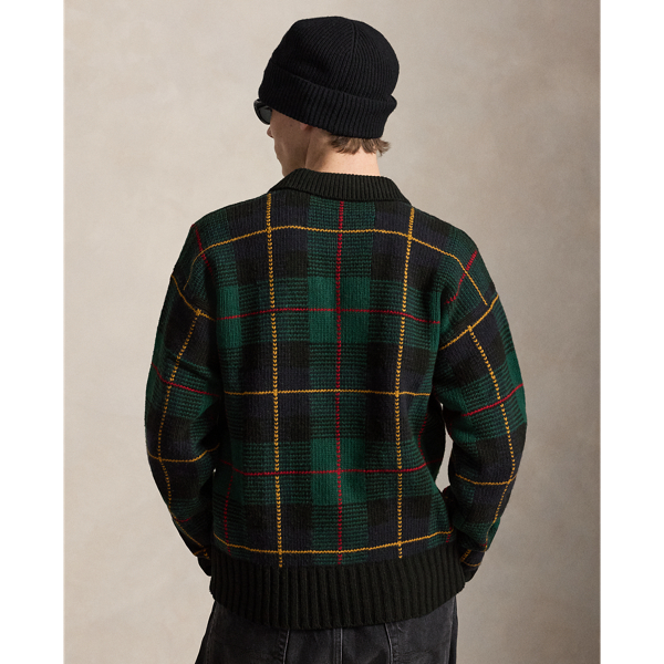Relaxed Fit Plaid Wool Polo Sweater