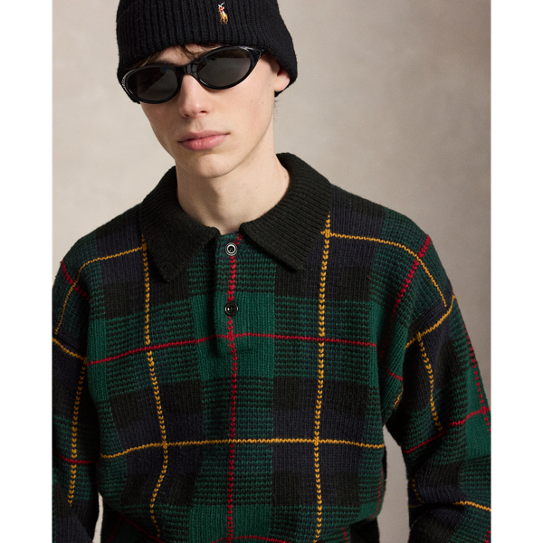 Relaxed Fit Plaid Wool Polo Sweater