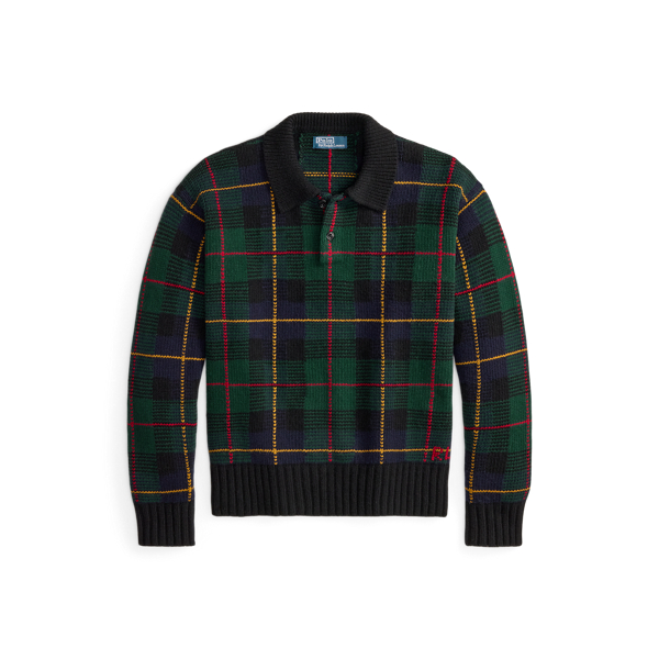 Relaxed Fit Plaid Wool Polo Sweater