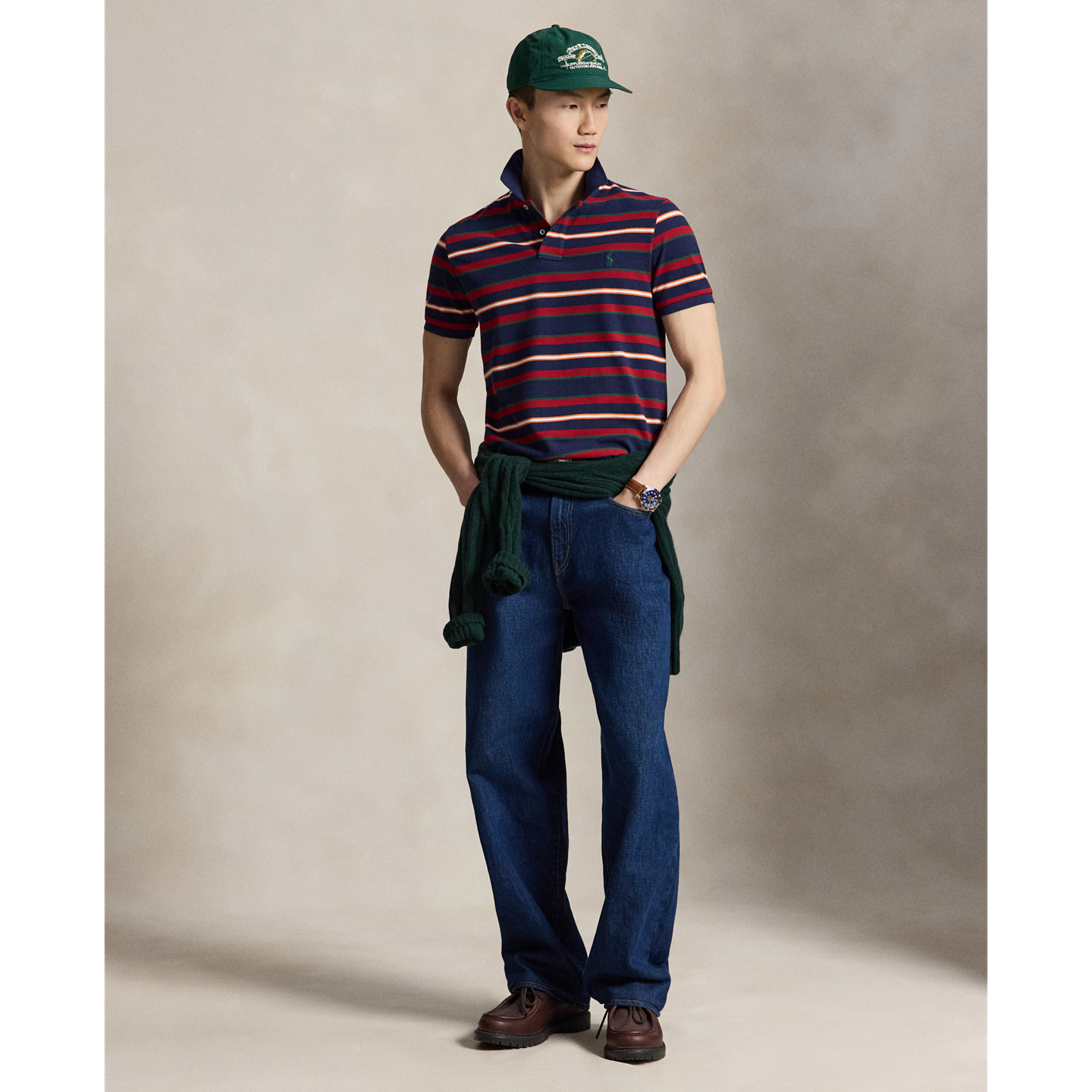 Мужское поло Ralph Lauren Classic Fit Striped Mesh Polo, цвет: Тёмно-синий разноцветный — фото 1