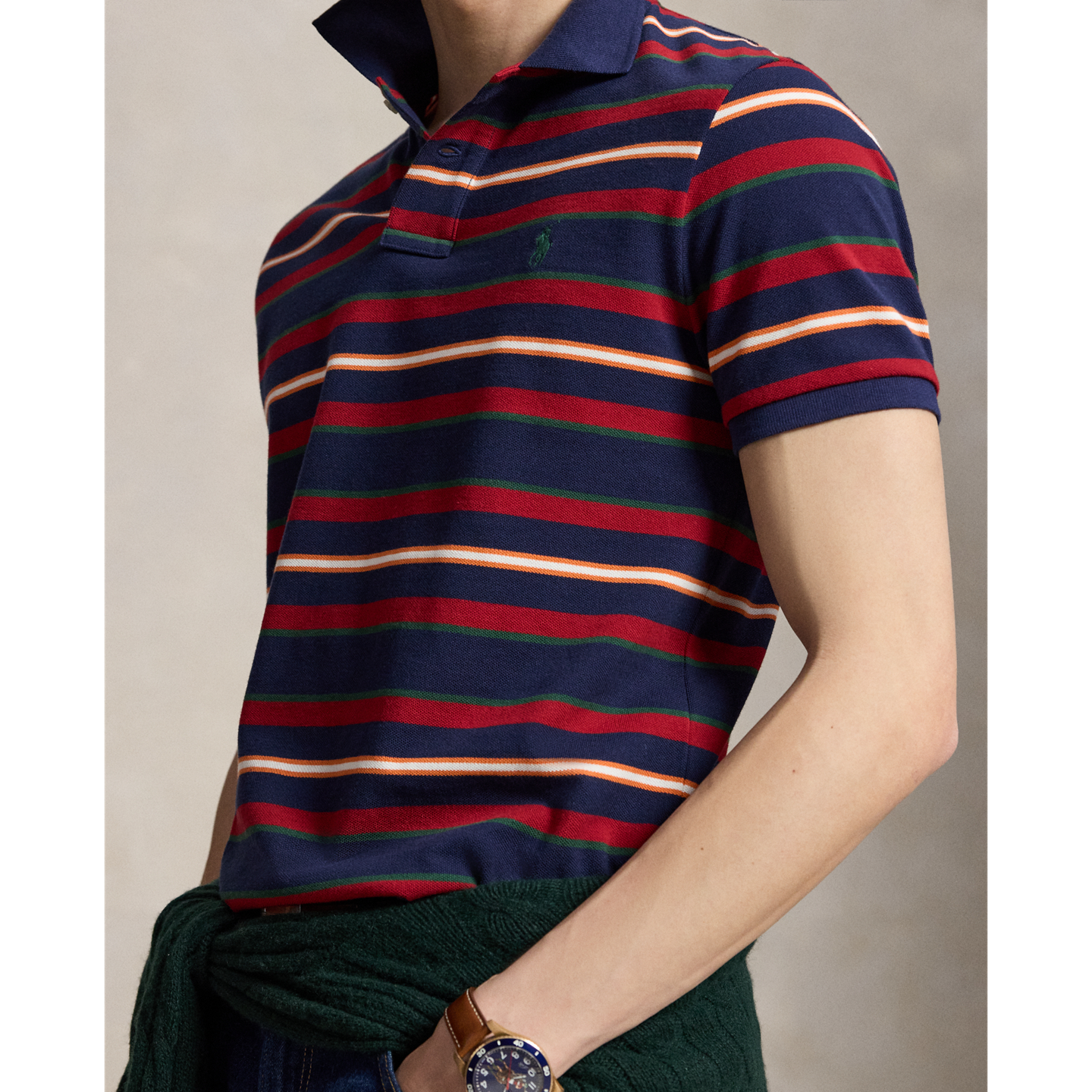 Мужское поло Ralph Lauren Classic Fit Striped Mesh Polo, цвет: Тёмно-синий разноцветный — фото 3