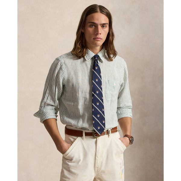 White Seafoam Classic Fit Striped Linen Shirt Polo Ralph Lauren 1