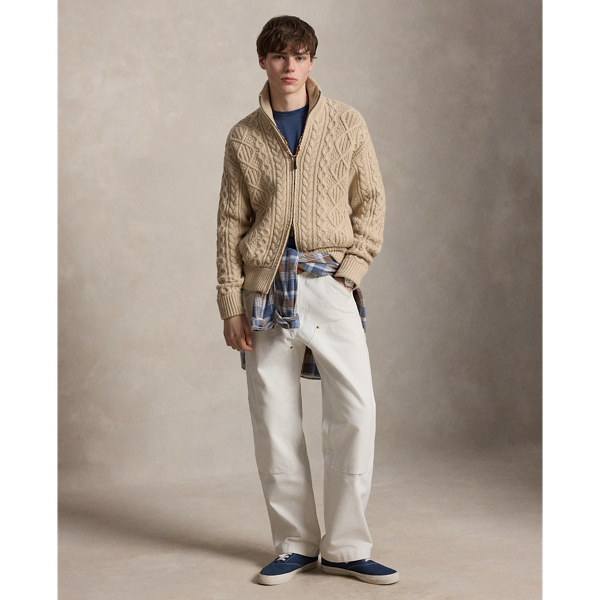 Pull zipp&eacute; tricot d'Aran en laine-alpaga