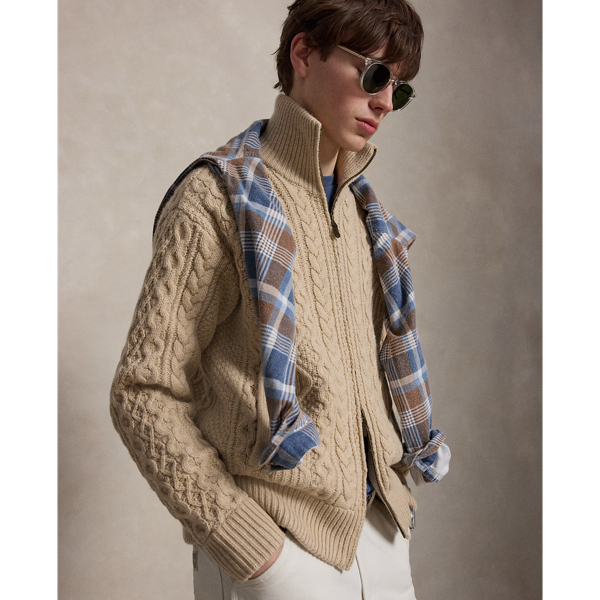 Pull zipp&eacute; tricot d'Aran en laine-alpaga