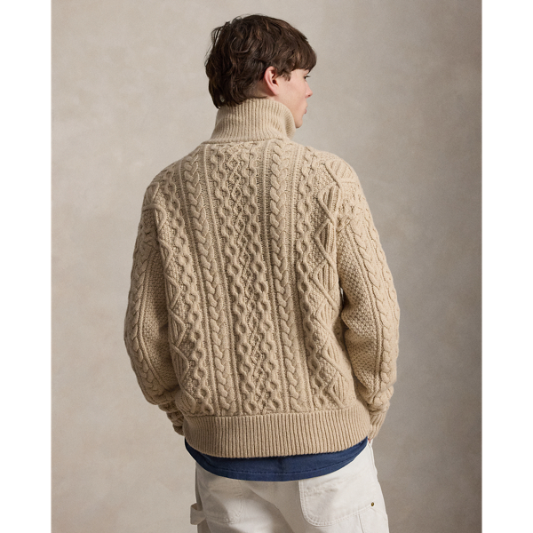 Pull zipp&eacute; tricot d'Aran en laine-alpaga