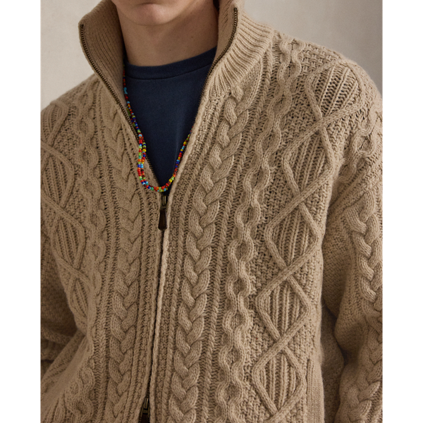 Pull zipp&eacute; tricot d'Aran en laine-alpaga