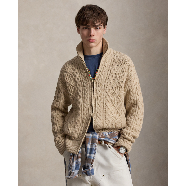 Pull zipp&eacute; tricot d'Aran en laine-alpaga