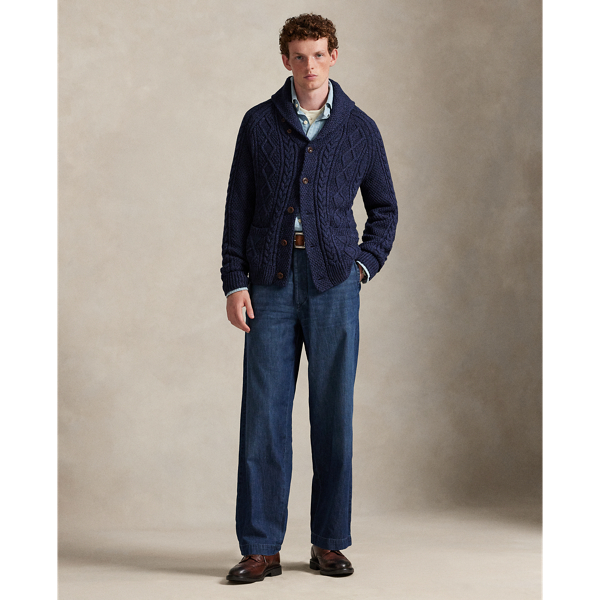Aran-Knit Cotton Shawl-Collar Cardigan