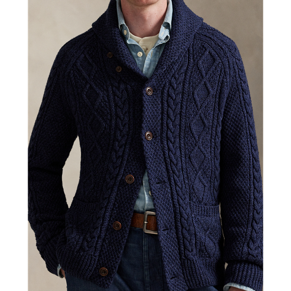Aran-Knit Cotton Shawl-Collar Cardigan
