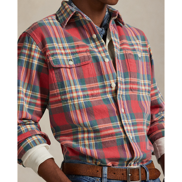 Red Olive Multi Classic Fit Plaid Flannel Workshirt Polo Ralph Lauren 6